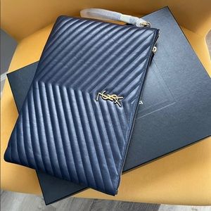 Monogram YSL Large Chevron Quilted Flat Wristlet Pouch - Navy Blue
